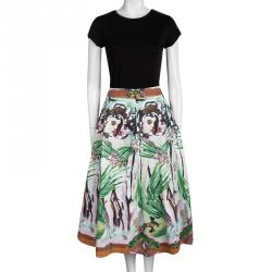 Alice + Olivia Multicolor Printed Cotton High Waist Midi Skirt M