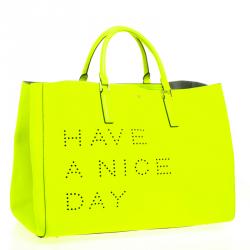 Pre Owned Anya Hindmarch Neon Green Leather Maxi Ebury Have A Nice Day Tote