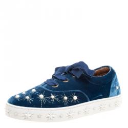 Pre Owned Aquazzura Blue Pearl Embellished Velvet Lace Up Sneakers Size 38