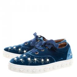 Pre Owned Aquazzura Blue Pearl Embellished Velvet Lace Up Sneakers Size 38