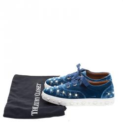 Pre Owned Aquazzura Blue Pearl Embellished Velvet Lace Up Sneakers Size 38