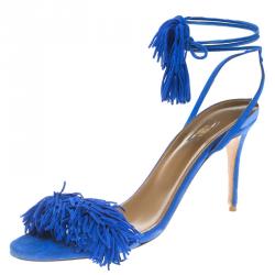 مملوكة مسبقًا Aquazzura Cobalt Blue Fringed Suede Wild Thing Tasseled Ankle Wrap Sandals Size 39