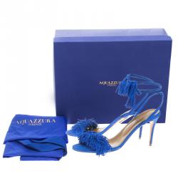 مملوكة مسبقًا Aquazzura Cobalt Blue Fringed Suede Wild Thing Tasseled Ankle Wrap Sandals Size 39