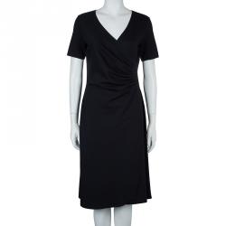 Pre Owned Armani Collezioni Black Knit Ruched Short Sleeve Overlap Dress M