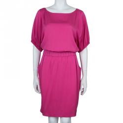 Pre Owned فستان أرماني كوليزيوني حرير وردي بخصر مطاطي وأكمام قصيرة L