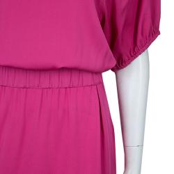 Pre Owned فستان أرماني كوليزيوني حرير وردي بخصر مطاطي وأكمام قصيرة L