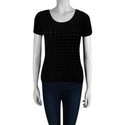 Pre Owned Armani Collezioni Black Velvet Burnout Detail Short Sleeve Top S