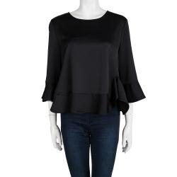 Pre Owned Armani Collezioni Black Ruffle Detail Long Sleeve Top L