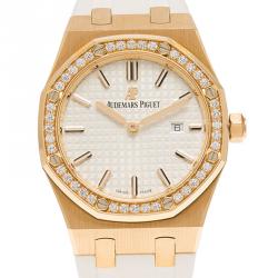 Pre Owned Audemars Piguet White 18K Pink Gold Diamonds Royal Oak Women's Wristwatch 33MM
