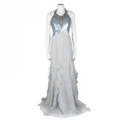 Pre Owned Badgley Mischka Couture Silver Embellished Silk T Back Ruffle Bottom Gown S 