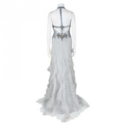 Pre Owned Badgley Mischka Couture Silver Embellished Silk T Back Ruffle Bottom Gown S 