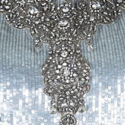 Pre Owned Badgley Mischka Couture Silver Embellished Silk T Back Ruffle Bottom Gown S 