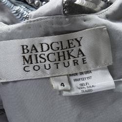 Pre Owned Badgley Mischka Couture Silver Embellished Silk T Back Ruffle Bottom Gown S 