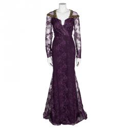 Pre Owned Badgley Mischka Couture Purple Lace  Embellished Shoulder Detail Long Sleeve Gown M