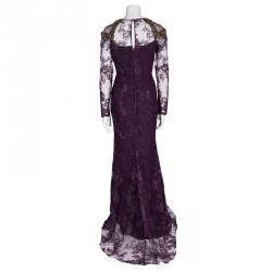 Pre Owned Badgley Mischka Couture Purple Lace  Embellished Shoulder Detail Long Sleeve Gown M