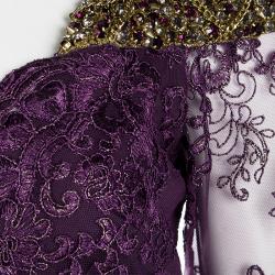 Pre Owned Badgley Mischka Couture Purple Lace  Embellished Shoulder Detail Long Sleeve Gown M