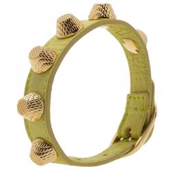 Pre Owned Balenciaga Arena Giant All Gold Tone Stud Green Leather Bracelet 
