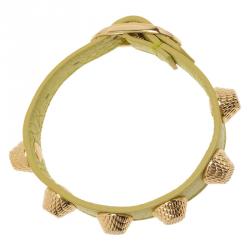 Pre Owned Balenciaga Arena Giant All Gold Tone Stud Green Leather Bracelet 