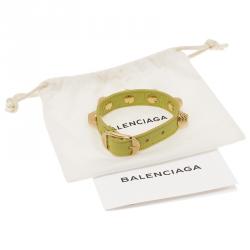 Pre Owned Balenciaga Arena Giant All Gold Tone Stud Green Leather Bracelet 