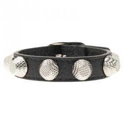 Pre Owned Balenciaga Arena Giant All Silver Tone Stud Grey Leather Bracelet 