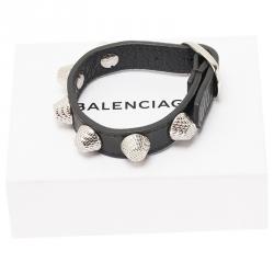 Pre Owned Balenciaga Arena Giant All Silver Tone Stud Grey Leather Bracelet 
