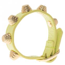 Pre Owned Balenciaga Arena Giant Stud Yellow Leather Gold Tone Bracelet Size M