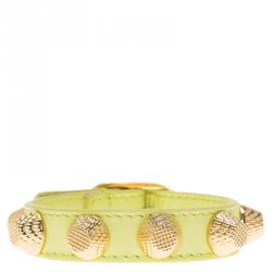 Pre Owned Balenciaga Arena Giant Stud Yellow Leather Gold Tone Bracelet Size M