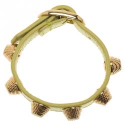 Pre Owned Balenciaga Arena Giant Stud Yellow Leather Gold Tone Bracelet Size M