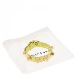 Pre Owned Balenciaga Arena Giant Stud Yellow Leather Gold Tone Bracelet Size M