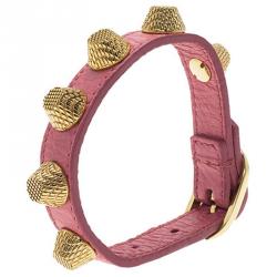 Pre Owned Balenciaga Arena Giant Gold Tone Studs Pink Leather Bracelet M