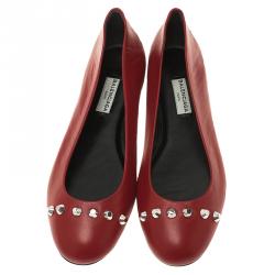 Pre Owned Balenciaga Red Studded Leather Ballet Flats Size 36