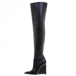 Pre Owned بوت فوق الركبة بالنسياغا جلد أسود وحواف جلد التمساح مقاس 36