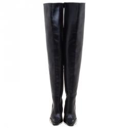 Pre Owned بوت فوق الركبة بالنسياغا جلد أسود وحواف جلد التمساح مقاس 36