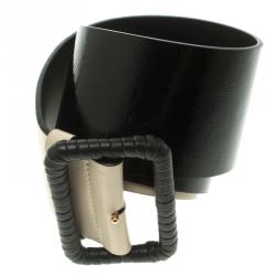 Pre Owned Balenciaga Black/Cream Leather Waist Belt 80 CM