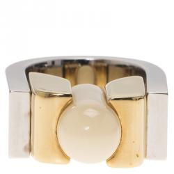 Pre Owned Balenciaga White Capsule Stone Two Tone Ring Size 56