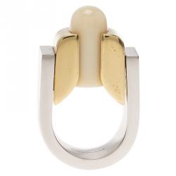 Pre Owned Balenciaga White Capsule Stone Two Tone Ring Size 56