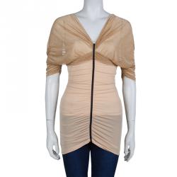 Pre Owned Balenciaga Beige Lurex Knit Ruched Off Shoulder Top S