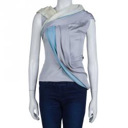 Pre Owned Balenciaga Colorblock Off Shoulder Draped Silk Top M