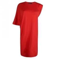 Pre Owned Balenciaga Red Knit Asymmetric Sleeve Wool Dress M