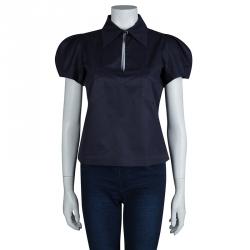 Pre Owned Balenciaga Navy Blue Puffed Sleeve Cotton Top M