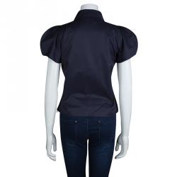 Pre Owned Balenciaga Navy Blue Puffed Sleeve Cotton Top M