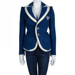 Pre Owned جاكيت بالنسياغا صوف أزرق بحواف متباينة M