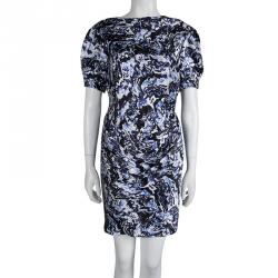 Pre Owned Balenciaga Blue Printed Silk Draped Short Sleeve Dress M