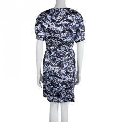 Pre Owned Balenciaga Blue Printed Silk Draped Short Sleeve Dress M