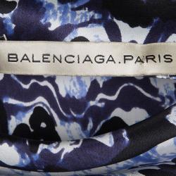 Pre Owned Balenciaga Blue Printed Silk Draped Short Sleeve Dress M