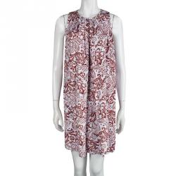 Pre Owned فستان بالنسياغا حرير أبيض مطبوع بطيات مزينة بلا أكمام M