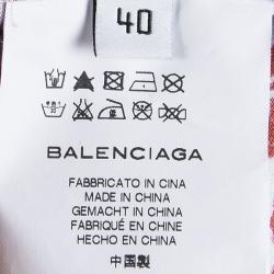 Pre Owned فستان بالنسياغا حرير أبيض مطبوع بطيات مزينة بلا أكمام M