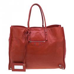 Pre Owned Balenciaga Red Leather Papier A4 Tote