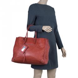 Pre Owned Balenciaga Red Leather Papier A4 Tote
