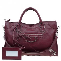 Pre Owned حقيبة بالنسياغا سيتي باغ جلد عنابي كلاسيكية بحروف ميتالك